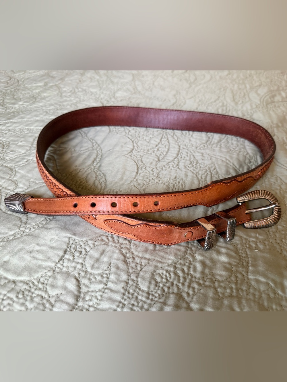 Vintage Braided Leather Western Tapered Belt Silver Tone Buckle Set Size 38
